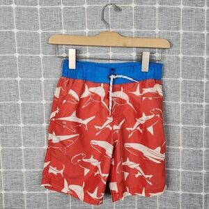 Boden Red Shark Print Swim Trunks